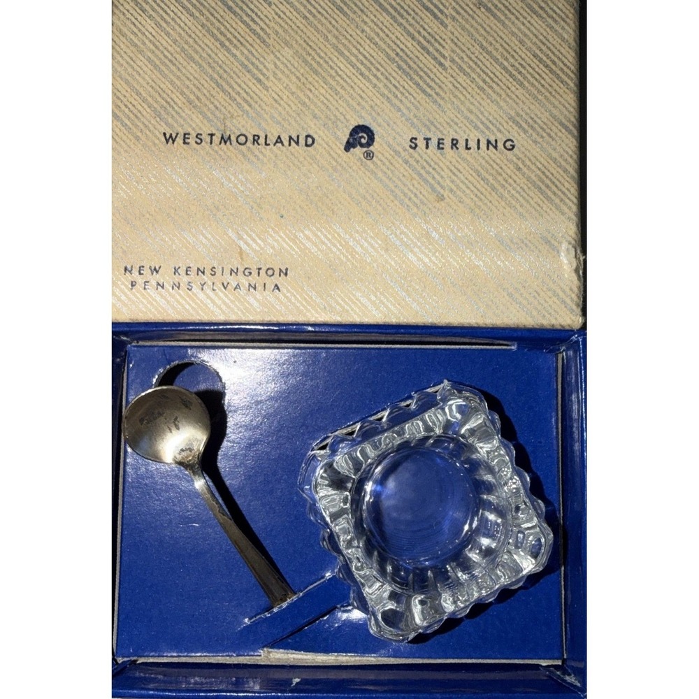 Westmorland Sterling Silver Salt Spoon and Cut Glass Cellar Set with Box